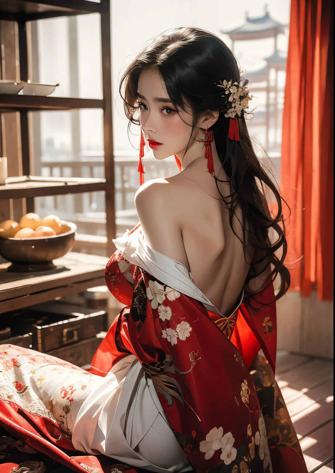 (masterpiece), (best quality), guofeng, RAW photo, 1girl, sexy, cleavage, Hanfu, ruqun, Chinese clothes, bare shoulder