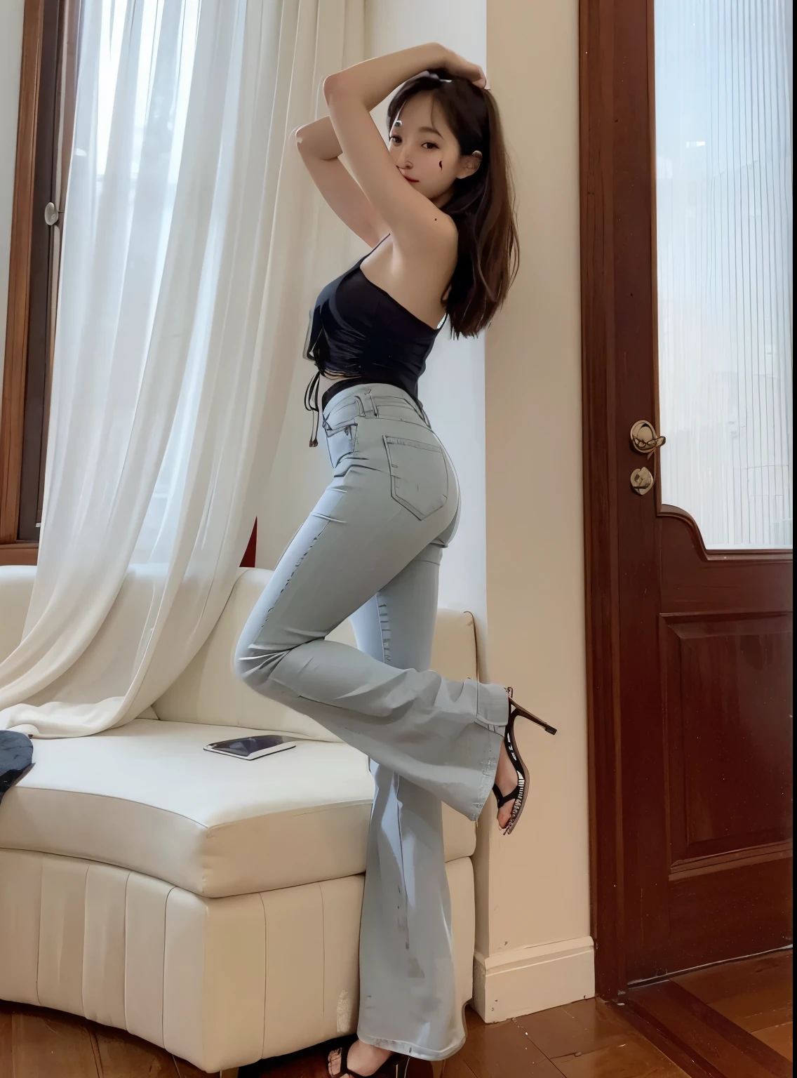 Beautiful 20-year-old girl wearing flared jeaneautiful posture，sweet expression，short hair，stiletto sandals