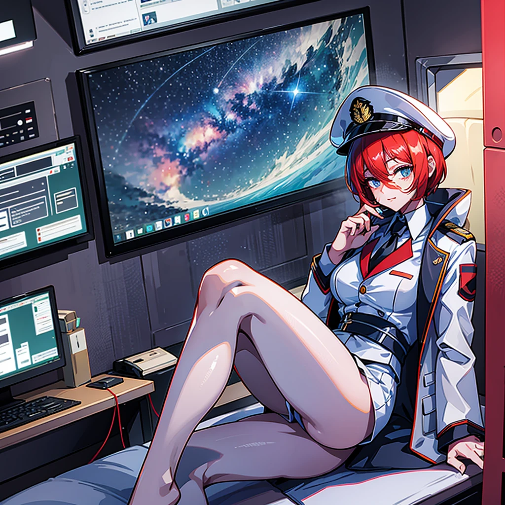 （（（masterpiece、Highest image quality、highest quality、highly detailed unity 8ｋwallpaper）））、（Illustration of one woman、Beauty、30 years old）、（Viceroy）、（（Red-haired shorthair、sidelocks、blue eyes））、（（tall、stocky build, thickset physique, muscular legs, broad shoulders, solid chest））、（（Military uniforms、Military Cap、Military coat））、（white clothes、White pants、white hat）、trench coat、（（（manspreading、Sitting in the captain's seat）））、（（（Inside a futuristic spaceship、Surrounded by instruments and monitors、The Universe on the Monitor、Earth seen from space）））