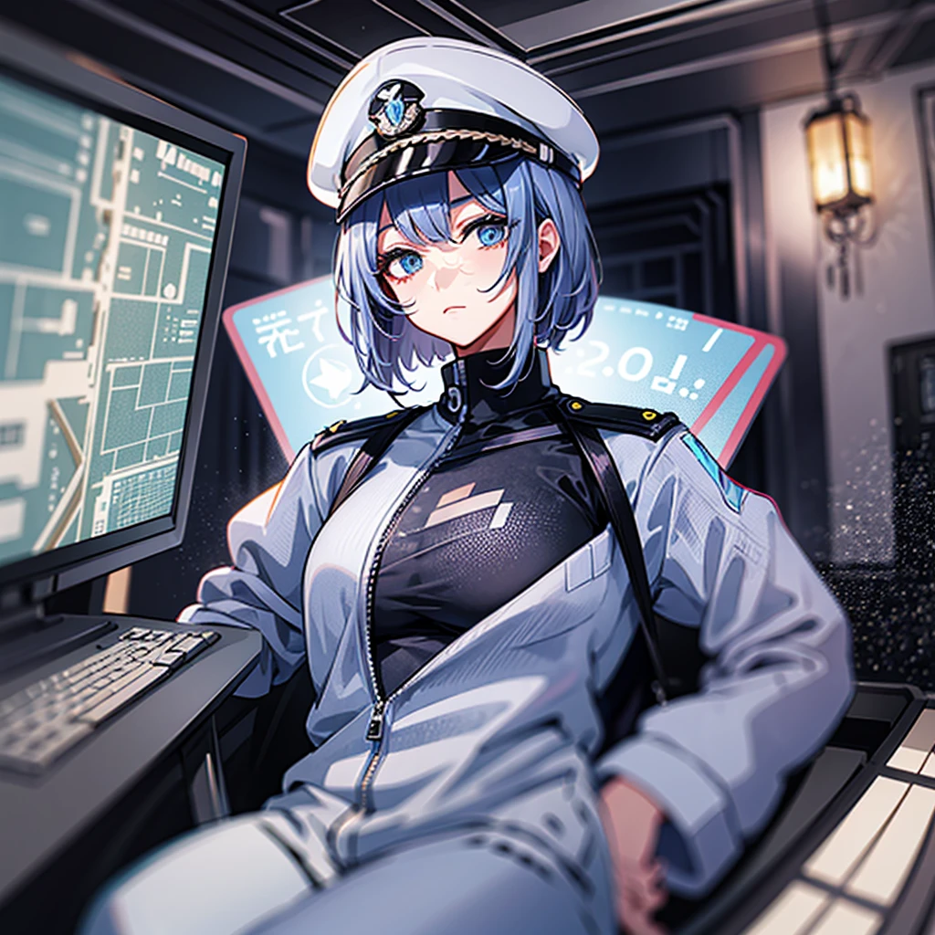 (((masterpiece、Highest image quality、highest quality、highly detailed unity 8kwallpaper)))、(Illustration of one woman、Beauty、30 years old)、(Viceroy)、((Red-haired shorthair、sidelocks、blue eyes))、((tall、stocky build, thickset physique, muscular legs, broad shoulders, solid chest))、((Military uniforms、Military Cap、Military coat))、(white clothes、White pants、white hat)、trench coat、(((manspreading、Sitting in the captain's seat)))、(((Inside a futuristic spaceship、Surrounded by instruments and monitors、The Universe on the Monitor、Earth seen from space)))