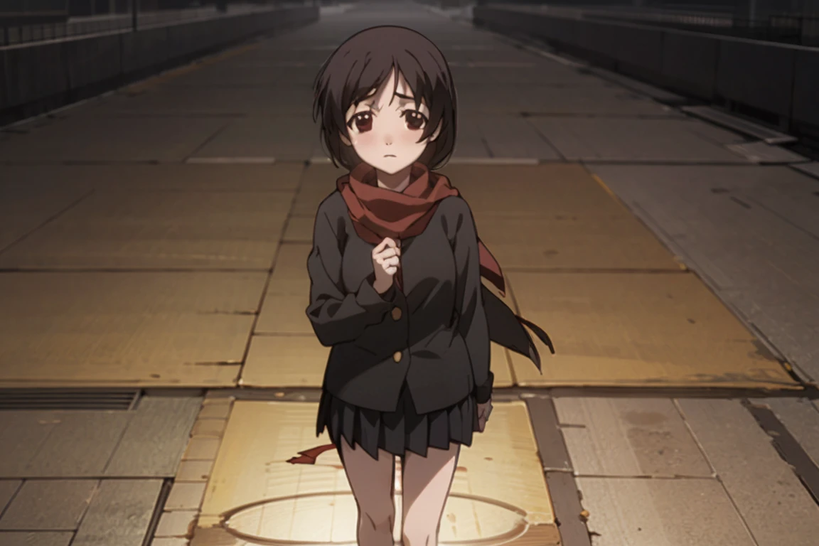 1 girl，Detailed details，Standing in the center，，black eyes，red ribbon，long sleeve，red scarf mini skirt，dim，Lonely