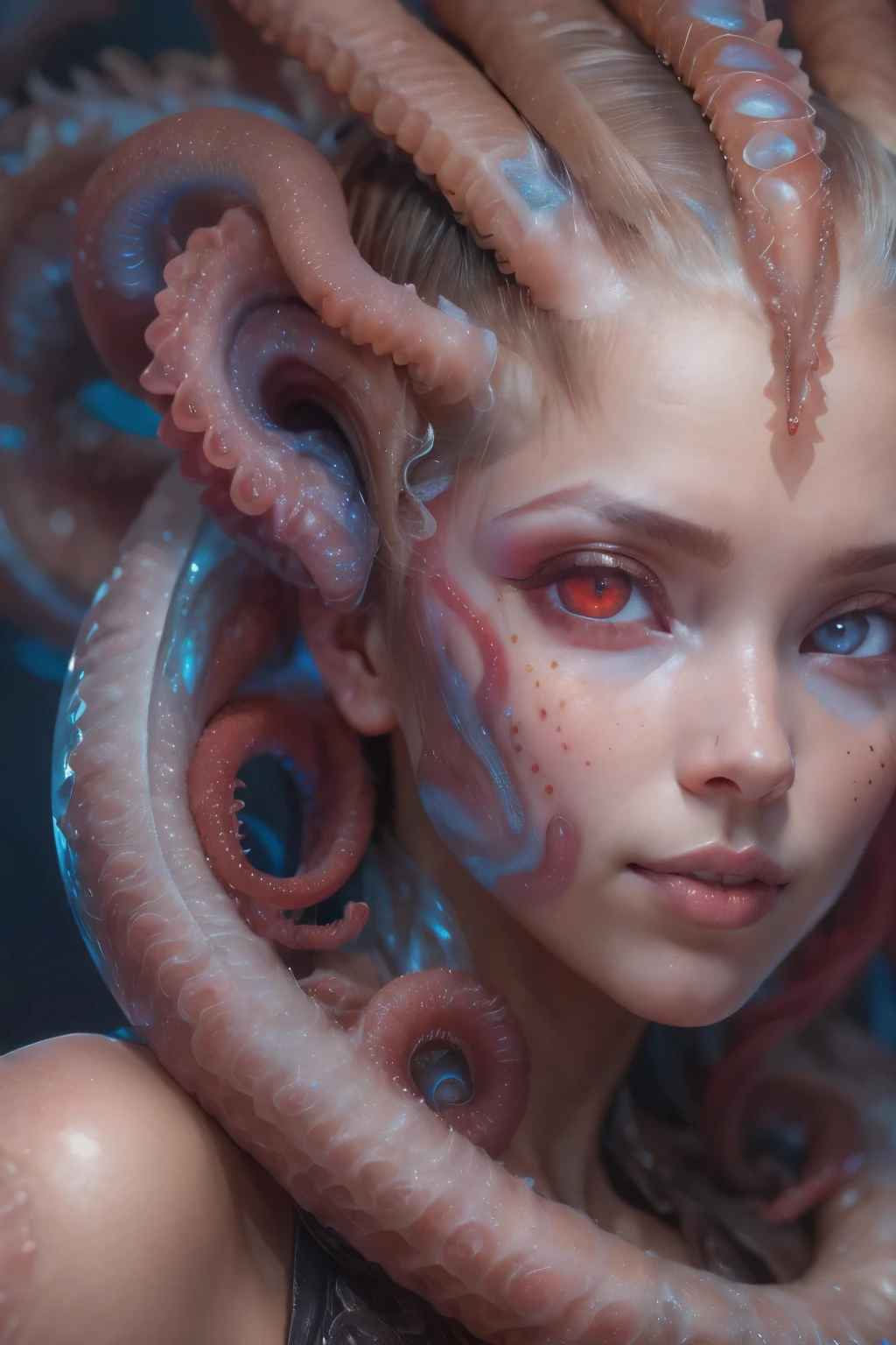 Portrait, (beautiful female alien:1.2), (she has red eyes with no pupils:1.8), (Translucent skin:1.7), (There is a female genital-like organ in the middle of the forehead..:1.9), (The most beautiful face in the history of the universe:1.2),an evil gaze that seduces, (large mouth:1.1), (sharp teeth like a vampire:1.2), Full body portrait, (bio luminescent:1.5), (Smile wickedly:1.3), (sexypose:1.5), alien, No humans, cells are fused, (Lots of translucent tentacles:1.3) extraterrestrial, cell, bio image, best quality, 8K,In 4K_quality, High freshness, Dramatic Lighting, masutepiece:1.5,cinematic quality, detail up, (exquisite details:1.2), high resolution, High freshness, drawing faithfully, (Thick eyebrows:1.2), Beautiful eyes with fine symmetry,(Highly detailed face and eyes:1.2), Intimate face, (Super detailed skin quality feeling:1.4), perfect anatomy, (Beautiful toned body:1.5), (Moist skin:1.2), not wearing makeup, (dark circles:1.1), long canines, cinematic drawing of characters, ultra high quality model, cinematic quality, detail up, (exquisite details:1.2), high resolution, High freshness, drawing faithfully, official art, Unity 8K Wall , 8K Portrait, best quality, Very high resolution, ultra detailed artistic photography, midnight aura, unreal engine 5, Ultra Sharp Focus, art by alberto seveso, ArtGerm, Roisch, intricate artwork, best quality, masterpiece, ultra high resolution, (photos realistic:1.4), ultra realistic realism, dream-like, nautilus, Creation of fantasy, Snail, Dream Snail, (biopunk nautilus:1.3),Thrilling color schemes, ultra realistic realism, seductively smiling, Blue tentacles,