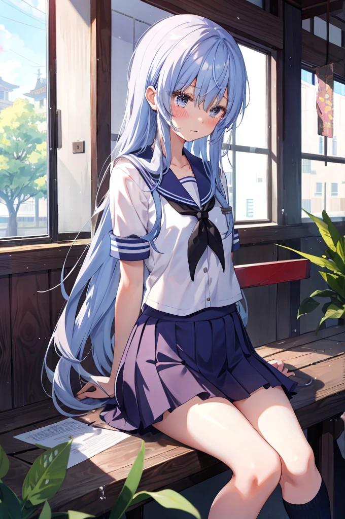 One long hair, girl in school uniform, miniskirt, 蓝色头发,蓝色眼睛, looking away, sitting, embarrassed, blushing, crying, mouth closed, 在列车里 (girl leaking pee),Suisei Hoshimachi