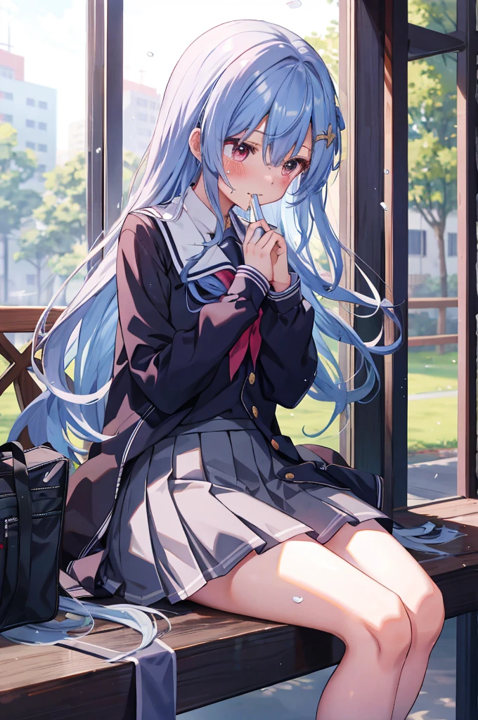 One long hair, girl in school uniform, miniskirt, 蓝色头发，蓝色眼睛, looking away, sitting, embarrassed, blushing, crying, mouth closed, 在列车里 (girl leaking pee)，Suisei Hoshimachi 