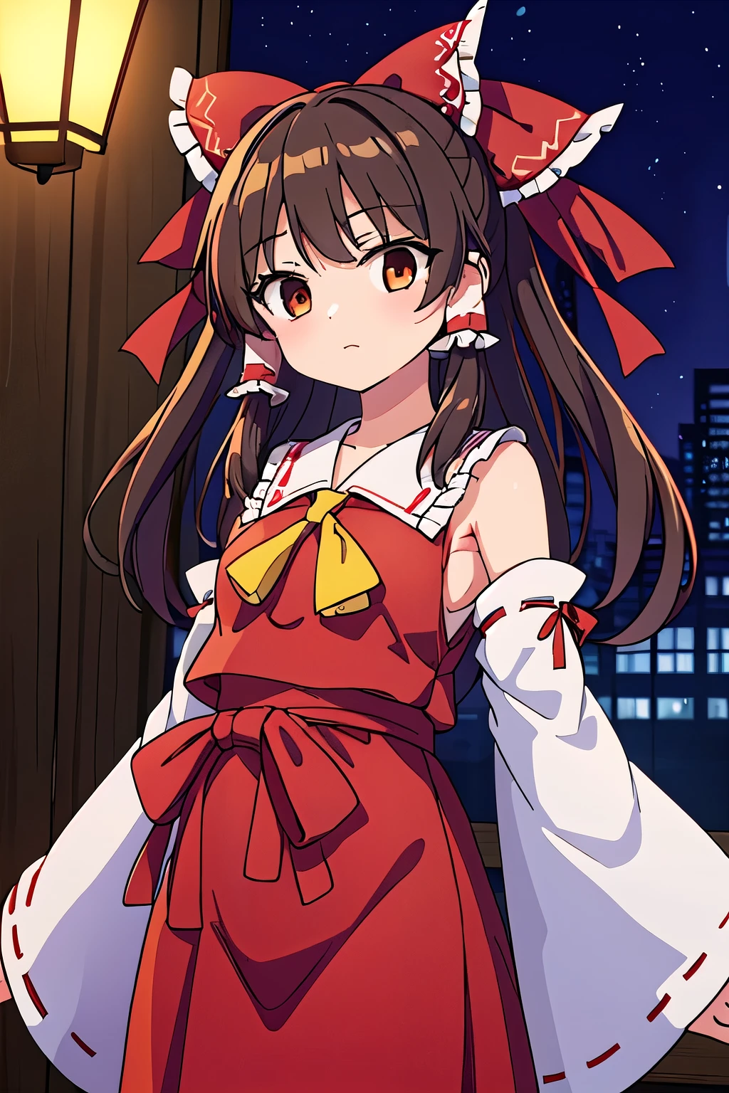 detailed background, masterpiece, best quality, 1girl, hakurei reimu, brown hair, hair tubes, hair ribbon, brown eyes, touhou project,