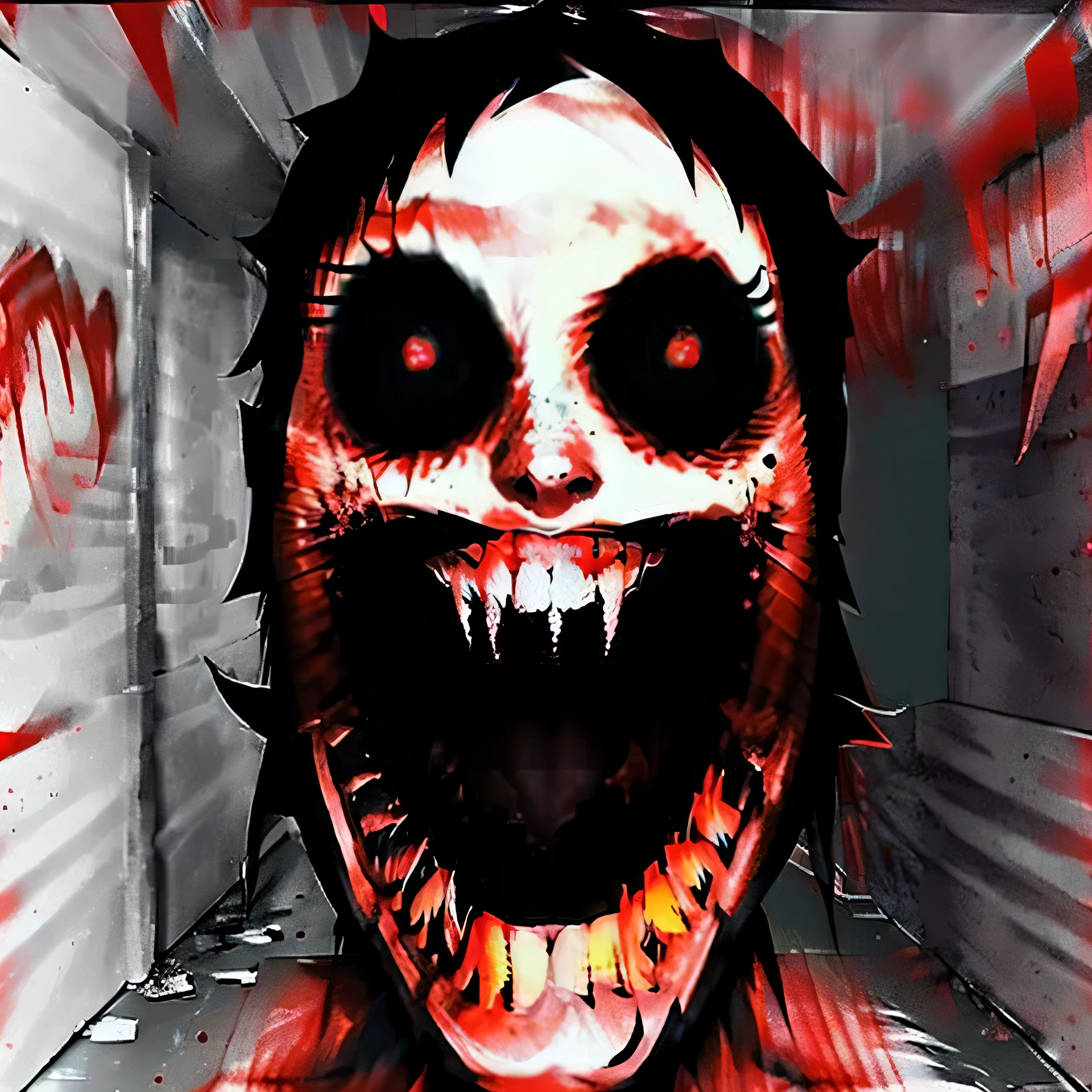 a demonic creature, with red eyes and sharp claws and teeth, chasing a man in a dark alley