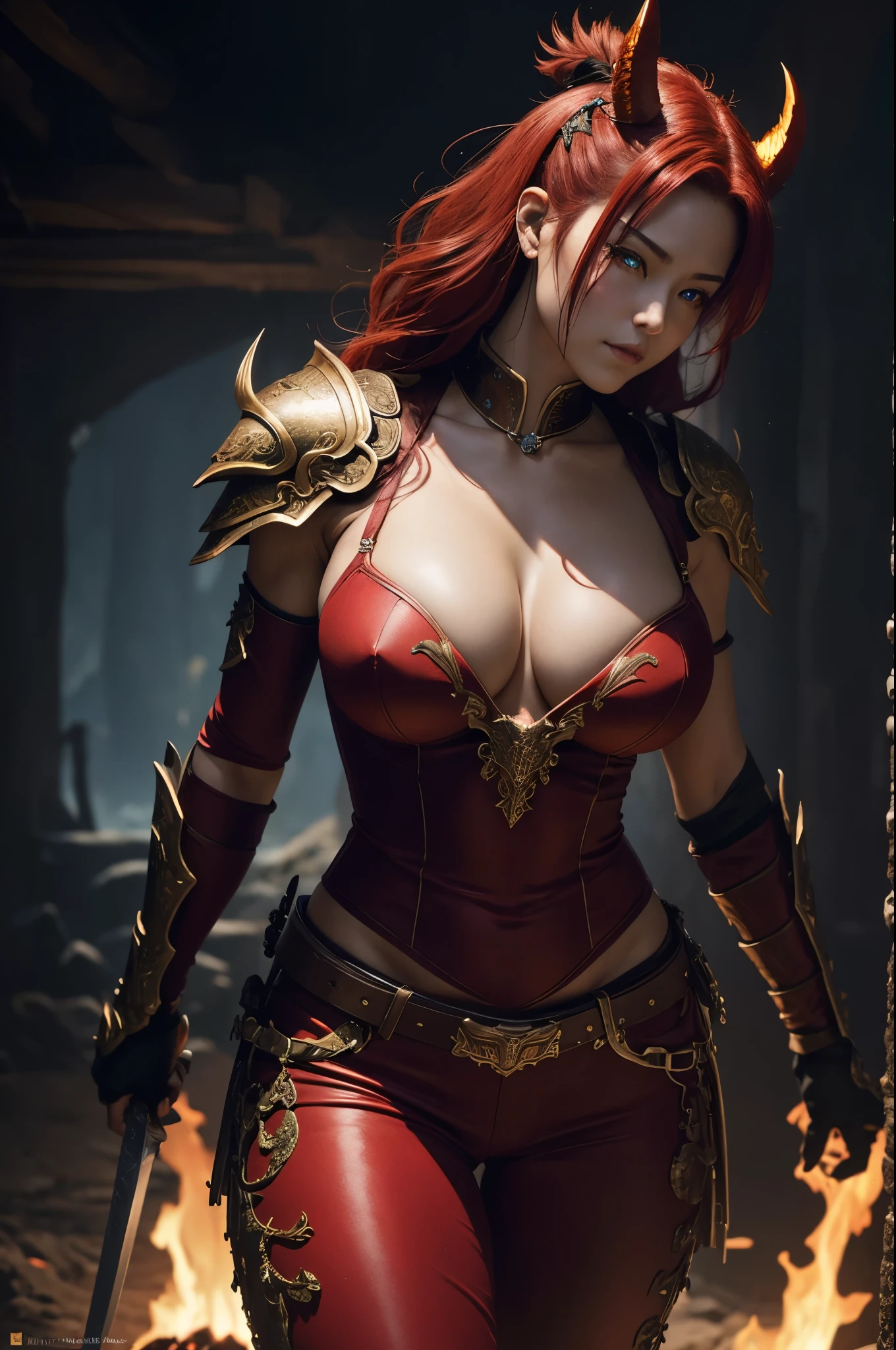 8K,looking down from above描写,beautiful mature female demon, three horns, cruel smile, red skin, 豪華なsexyな火の形をした胸鎧, wreath wrapped in fire, (fiery eyes:1.2), tempt me, take your soul, Underworld earth background, (masterpiece), (realistic:1.4), RAW, highest quality, ultra high resolution, rich colors, Backlight, cinematic lighting, film grain, RAW, 50mm lens, Nikon D850, warm colors,super realistic skin,inside a dark dungeon,very big breasts,looking down from above描写,red mohawk hair,Ghost girl,have a long and large sword,battle scene,action scene,action pose,luxurious red shoulder armor,gorgeous red gauntlet,trained body,Violent and strongly cracked abdominal muscles,very big breasts,looking down from above,sexy,luxury black pants,Close-up,