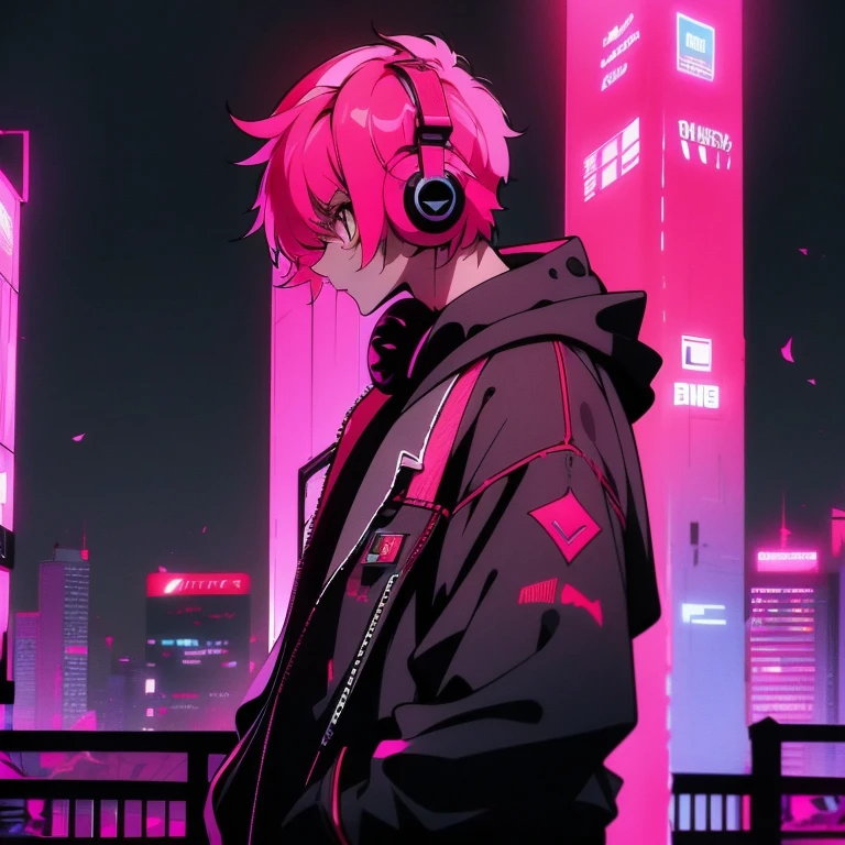 (shortcut), (two block hair), (bright pink hair), (male character), (red eyes), (cool pose), (top quality), (masterpiece), (Super detailed), (oversized hoodie), (Street style), (neon), (modern city), (neonデイライト), (cinematic lighting), (stylish), (High resolution), (hyper-detailed), (Looking at the camera), (soft town), (Nightcore), (a handsome guy), (listening to music with headphones), (natural appearance of the building), (casual), (IG studio anime style), (standing pose), (camera from low angle),
