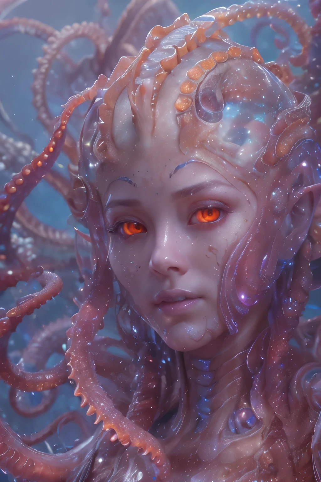 Portrait, (beautiful female alien:1.2), (she has red eyes with no pupils:1.8), (Translucent skin:1.7), (There is a female genital-like organ in the middle of the forehead:1.9), (The most beautiful face in the history of the universe:1.2),an evil gaze that seduces, (large mouth:1.1), (sharp teeth like a vampire:1.2), Full body portrait, (bio luminescent:1.5), (Smile wickedly:1.3), (sexypose:1.5), alien, No humans, cells are fused, (Lots of translucent tentacles:1.3) extraterrestrial, cell, bio image, best quality, 8K,In 4K_quality, High freshness, Dramatic Lighting, masutepiece:1.5,cinematic quality, detail up, (exquisite details:1.2), high resolution, High freshness, drawing faithfully, (Thick eyebrows:1.2), Beautiful eyes with fine symmetry,(Highly detailed face and eyes:1.2), Intimate face, (Super detailed skin quality feeling:1.4), perfect anatomy, (Beautiful toned body:1.5), (Moist skin:1.2), not wearing makeup, (dark circles:1.1), long canines, cinematic drawing of characters, ultra high quality model, cinematic quality, detail up, (exquisite details:1.2), high resolution, High freshness, drawing faithfully, official art, Unity 8K Wall , 8K Portrait, best quality, Very high resolution, ultra detailed artistic photography, midnight aura, unreal enginee 5, Ultra Sharp Focus, art by alberto seveso, ArtGerm, Roisch, intricate artwork, best quality, masterpiece, ultra high resolution, (photos realistic:1.4), ultra realistic realism, dream-like, nautilus, Creation of fantasy, Snail, Dream Snail, (biopunk nautilus:1.3), Thrilling color schemes, ultra realistic realism, seductively smiling, Blue tentacles,