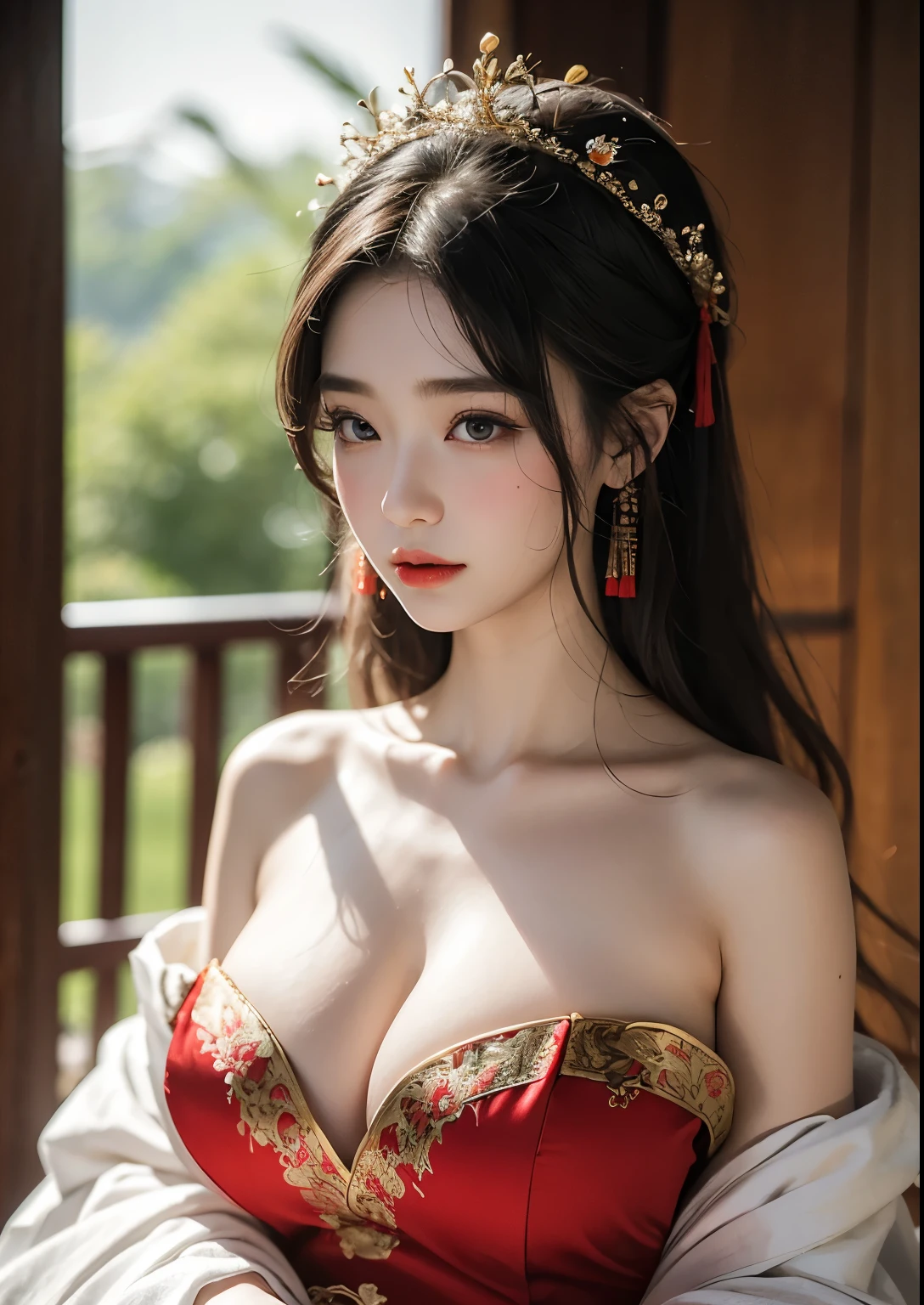 (masterpiece), (best quality), guofeng, RAW photo, 1girl, sexy, cleavage, Hanfu, ruqun, Chinese clothes, bare shoulder