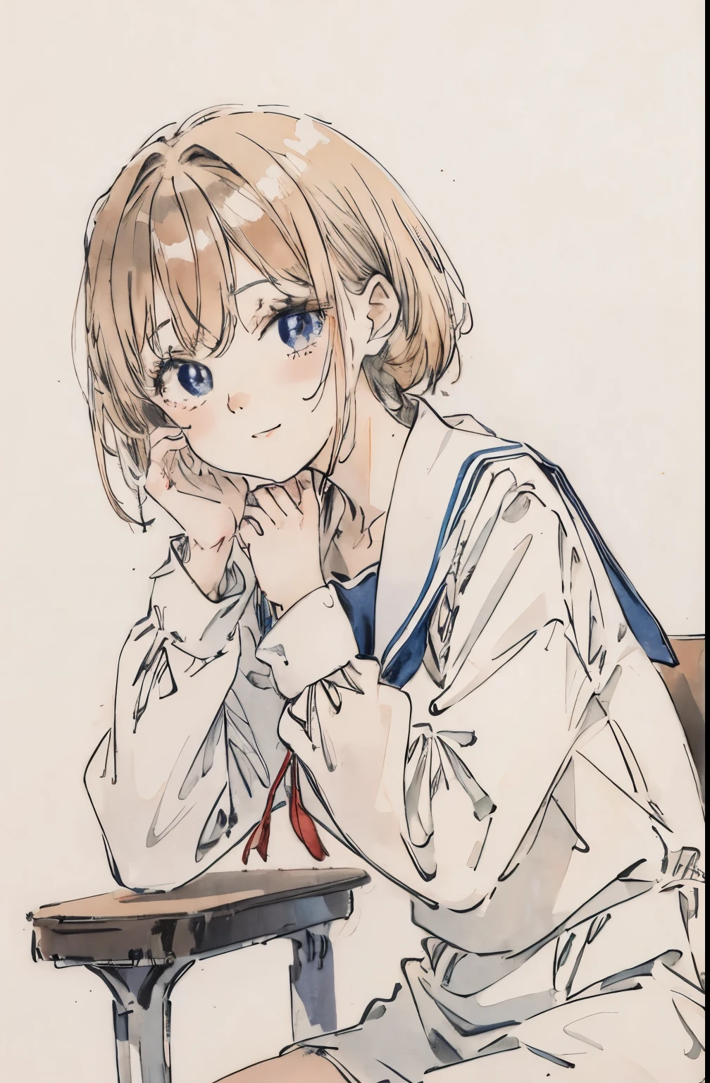 pure white background、Photo Studio、A woman in a sailor suit sitting on a chair
