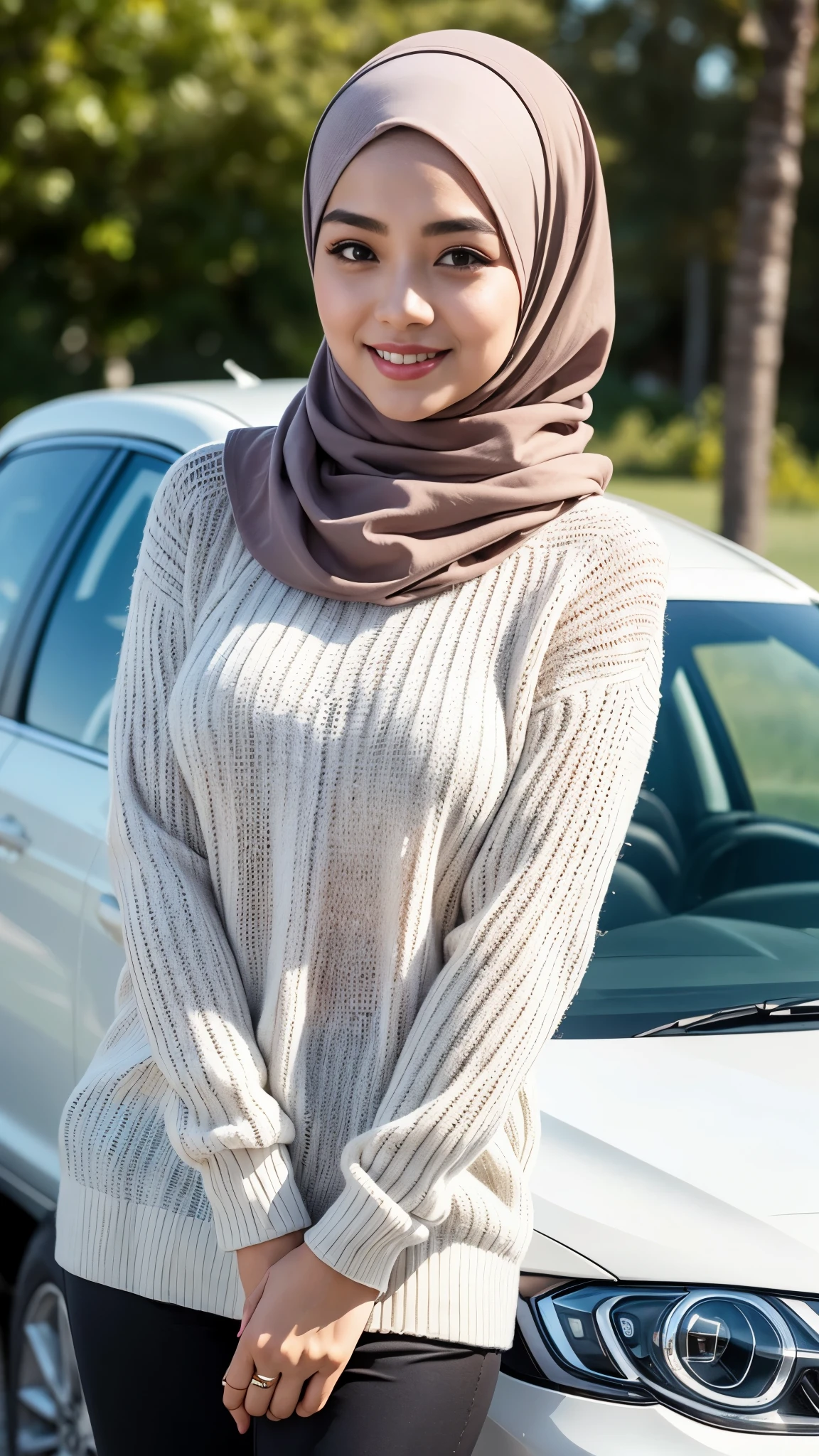 ( Close Up),RAW, Best quality, high resolution, work: 1.3, beautiful Malay woman in hijab, beautiful big eyes, smiling, beautiful face, shiny lips, soft smile, medium portrait, watery eyes, big breasts, woman in a white sweater and black pants standing in front of a car, white hijab, white sweater, wearing casual sweater, wearing a white sweater, with a long white, wearing sweater, beutifull girl, dilraba dilmurat, hijab, malay