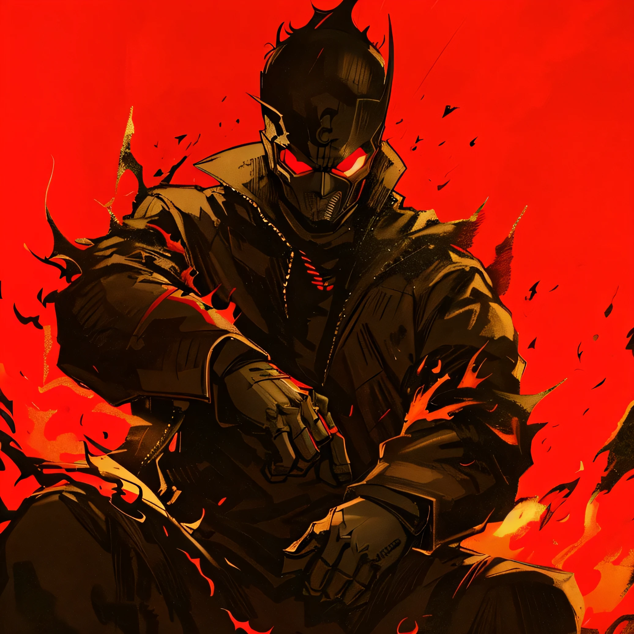 batman poster with a man sitting on a motorcycle in flames, benedick bana, dorohedoro, portrait of ninja slayer, tetsuo from akira, badass anime 8 k, jin - roh,  5 ink style, 5 ink style, akira art style, inspired by Kawabata Ryūshi, red son, darksiders art style, akira artstyle