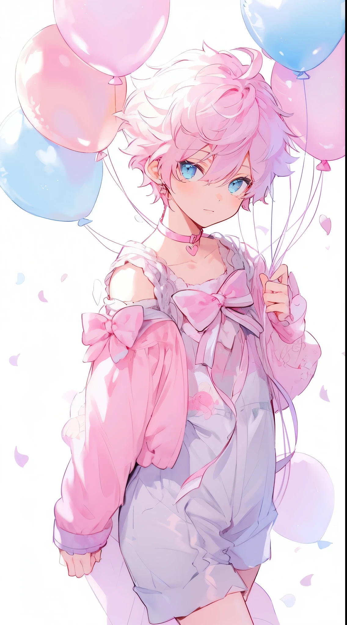 beautiful young male, short fluffy pink hair, light blue and pink magical boy outfit, decisive pose,high quality, amount of drawing, pixiv illustration, Japanese anime, Clear line drawing, transparent watercolor, clear shading