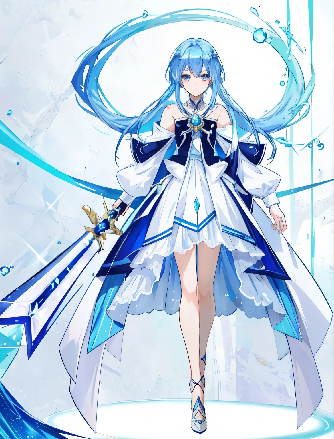 An anime character with blue hair and a white and blue dress is holding a sword, sparkling magical boy,white high heels, Inspired, magic aura, Cute:2, celestial aura, he has dark blue hair!!!, portrait of magical boy, sapphire prince, Blue-eyed boy, magical aura, Magical Boy Style, boy with very long purple hair, Cool system:3, wall paper, anime boy,