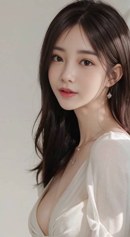 Wearing only one long red shirt、(Deep cleavage:1.1)、small tits、top-quality、masterpiece、illustratio、extremely delicate and beautiful、ighly detailed、nffsw、Unity、8k wallpaper、astonishing、finely detail、Highly detailed ticker Unity 8K wallpapers、huge filesize、ighly detailed、hight resolution、Handsome detail woman、extremely detailed eye and face、Great detailed eyeacial light、 (Best Illustration:1.1)、(Best Shadow:1.1)、超A high resolution、(photoRealstic:1.1)、(photoRealstic:1.2:1.1)、Realistic facial proportions、A slender、A smile、(makeups:0.4)、(fluffy black eyes:1.21)、Black eyes、see the beholder、dark brown hair、耳环、a necklace、hair pin、cowboy shot、(Irregular irregular skin defects、vein、Wrinkled pores on the skin:1.2)、(Dark night background:1.2)、(bokeh dof:1.4)、Laughing、white background as if taking a photo for passport