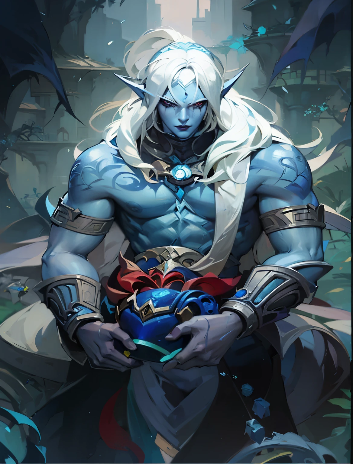 um close de um personagem de desenho animado com uma espada e um rosto azul, amazing portrait of viego, lindo drow, estilo de duelista, Raziel irl, karthus da liga das lendas, da liga das lendas, estilo de arte darksiders, lindo drow masculino, estilo de arte de League of Legends, Silas, artgerm e genzoman