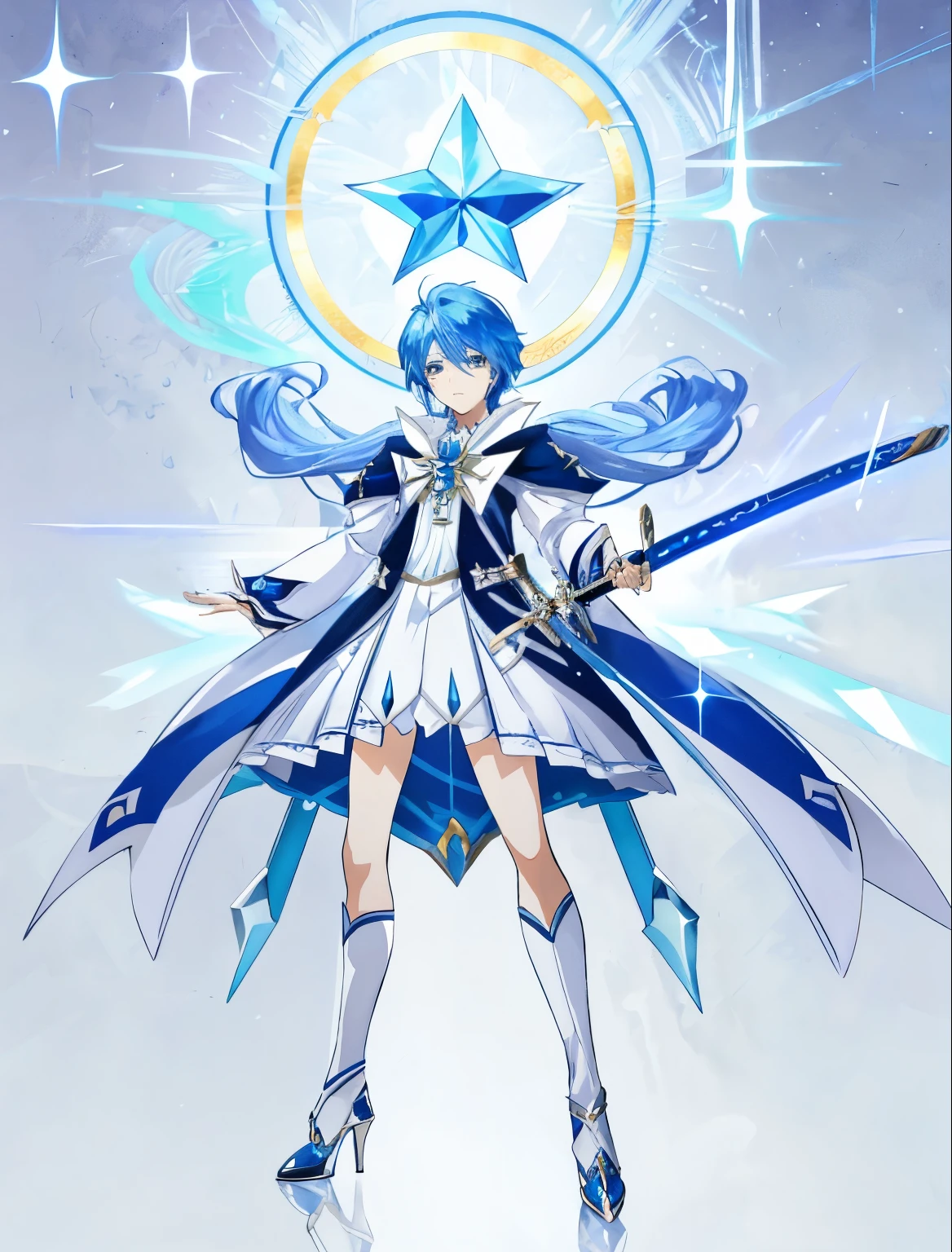 An anime character with blue hair and a white and blue dress is holding a sword, sparkling magical boy,white high heels, Inspired, magic aura, Cute:2, celestial aura, he has dark blue hair!!!, portrait of magical boy, sapphire prince, Blue-eyed boy, magical aura, Magical Boy Style, boy with very long purple hair, Cool system:3, wall paper, anime boy,
