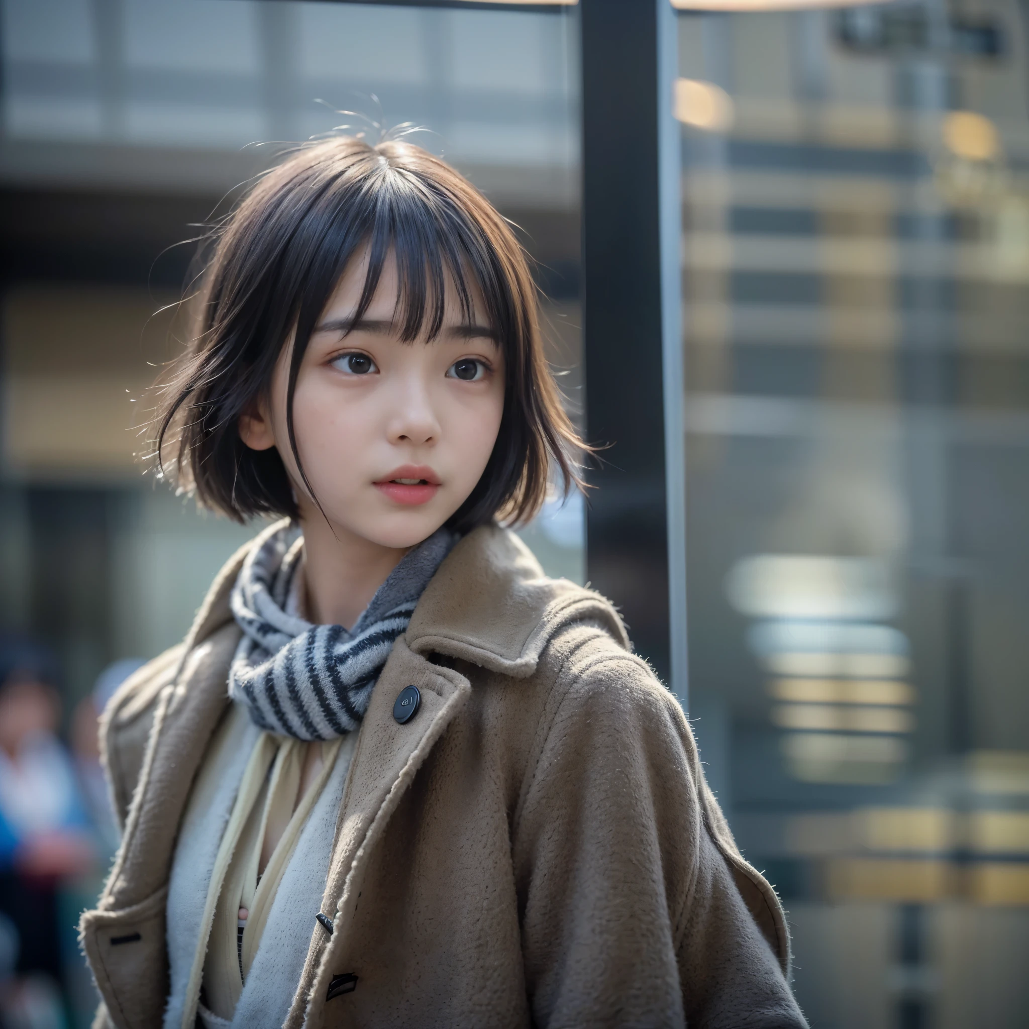 masterpiece、highest quality、super realistic、surreal、Ultra high definition、8k、Raw photo、textured skin、One Nogizaka girl,(,short bob hair,bangs,black hair,floating hair,slim,small face,chest is small,thin waist,small ass,Are crying:1.5),(light fly duffel coat、scarf:1.2)、airport terminal、held on a pillar、crowd(Natural light、strong sunlight、Moving the chart, film grain、bust up shot、profile、profile、It&#39;s blurry、very long shot、letterbox、negative space、Sigma 85mm F/1.4)、finder