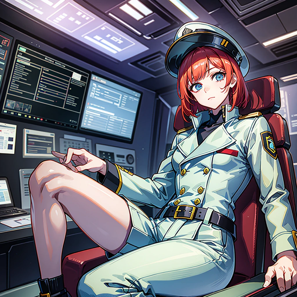 （（（masterpiece、Highest image quality、highest quality、highly detailed unity 8ｋwallpaper）））、（Illustration of one woman、Beauty、30 years old）、（Viceroy）、（（Red-haired shorthair、sidelocks、blue eyes））、（（tall、stocky build, thickset physique, muscular legs, broad shoulders, solid chest））、（（Military uniforms、Military Cap、Military coat））、（white clothes、White pants、white hat）、trench coat、（（（manspreading、Sitting in the captain's seat）））、（（（Inside a futuristic spaceship、Surrounded by instruments and monitors、The Universe on the Monitor、Earth seen from space）））