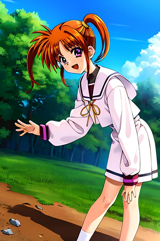 ((masterpiece, high quality, 最high quality)),
1 girl, takamachi nanoha, short twin tails, Day, purple eyes, null, brown hair, outdoors, cloud, one piece, long sleeve, school uniform, Lens flare, ribbon, took off the hat, smile, white one piece, open your mouth, green hair ribbon, Masturbate with your chest exposed