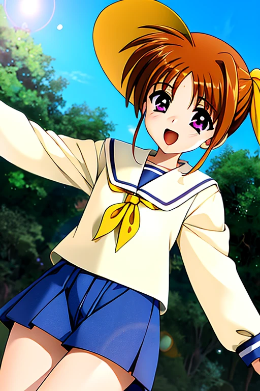 ((masterpiece, high quality, 最high quality)),
1 girl, takamachi nanoha, short twin tails, Day, purple eyes, null, brown hair, outdoors, cloud, one piece, long sleeve, school uniform, Lens flare, ribbon, took off the hat, smile, white one piece, open your mouth, green hair ribbon, Masturbate with your chest exposed