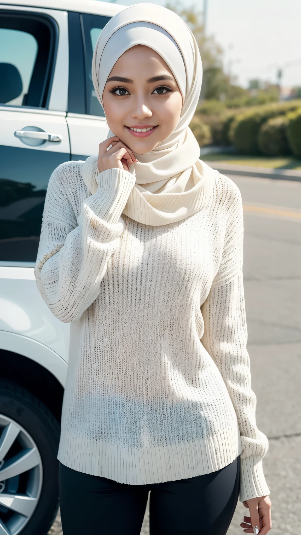 ( Close Up),RAW, Best quality, high resolution, work: 1.3, beautiful Malay woman in hijab, beautiful big eyes, smiling, beautiful face, shiny lips, soft smile, medium portrait, watery eyes, big breasts, woman in a white sweater and black pants standing in front of a car, white hijab, white sweater, wearing casual sweater, wearing a white sweater, with a long white, wearing sweater, beutifull girl, dilraba dilmurat, hijab, malay