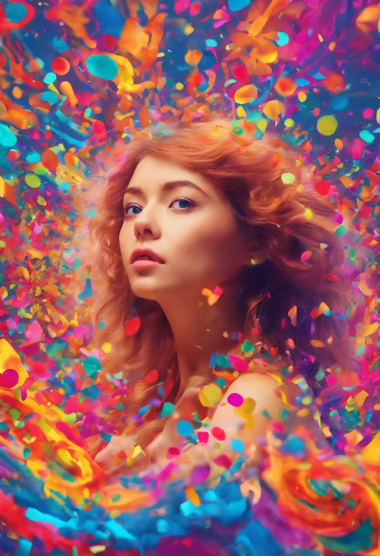 (((Photorealistic Woman)))、20yr old、((of the highest quality, 8K,Raw photo)), (Realistic, Photorealistic: 1.37),BREAK, Cosmos confetti