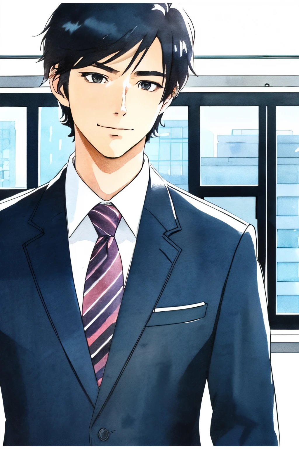 office worker、anime style、personnel、Businessman、real、kind、Handsome guy、An illustration、My hair is smooth、shortcut、transparent skin、highest quality、high resolution、alone、office、suit、35age、wild、Portrait、watercolor painting、Like Makoto Shinkai