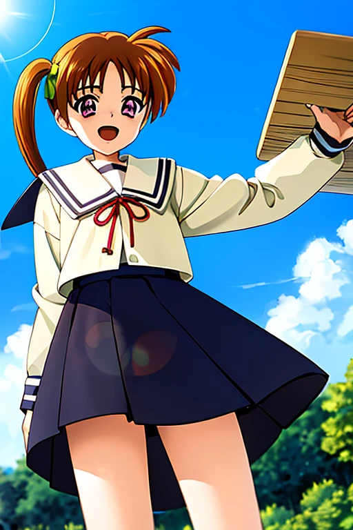 ((masterpiece, high quality, 最high quality)),
1 girl, takamachi nanoha, short twin tails, Day, purple eyes, null, brown hair, outdoors, cloud, one piece, long sleeve, school uniform, Lens flare, ribbon, took off the hat, smile, white one piece, open your mouth, green hair ribbon, Masturbate with your chest exposed,seduce naked,Completely naked