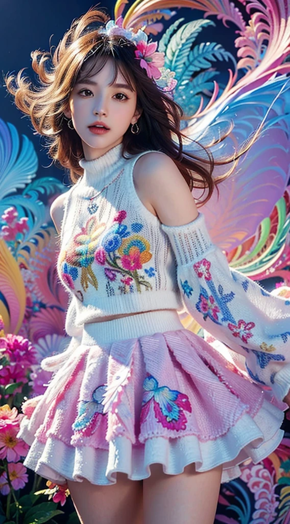 colorful flowers, feather, (masterpiece, top quality, best quality, official art, beautiful and aesthetic:1.2), (1girl:1.3), (fractal art:1.3),16K,FULL HD,NEON、high resolution、High definition、Beauty、White knitwear、flare skirt、whole body