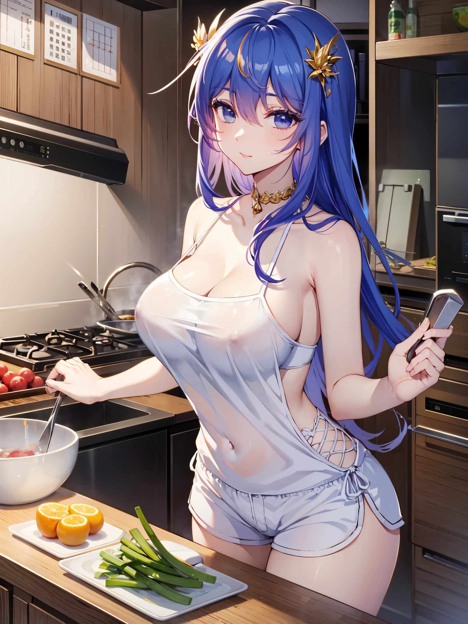 Tang Wutong, big boobs, wearing camisole and cotton shorts, kitchen, cutting vegetables