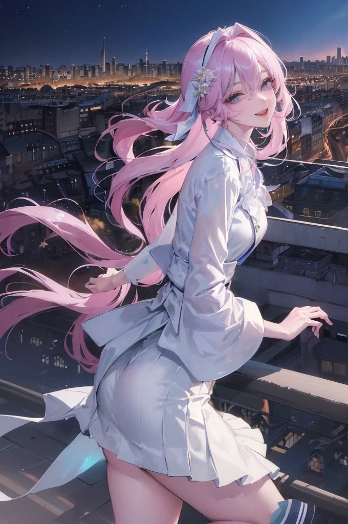 official art, masterpiece, Sharp focus beautiful gorgeous cute korean woman:1.3), (beautiful and cute korean:1.3), Korean beauty, exquisite beautiful hair、eyes and face, actual, Super detailed, beautiful girl, blue sky, Luminous white particles, (side light:1.2), sun light, Baiyun, Detailed cloud, Slender, revealing buttocks, smiling with teeth, ((Smile with your eyes, open both eyes)), landscape, long, straight hair, sexy facial expression, architecture, (city View:1.7), dynamic hair, long, straight hair, Detailed platinum pink hair, Luminous Blue Eyelue Pleated Shirt + Short white skirt), white stockings, pale skin, hair accessories, epic landscape,night