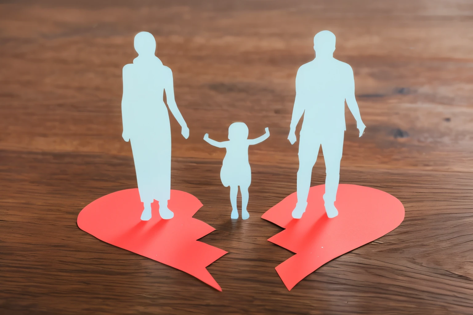there is a cut out  of a man and a woman and a child, family, lonely family, marido esposa e filho, de madeira, children, child, family photo, separando, childhood, separado, contra um fundo escuro, definir foto, dissolution, por Juan O&#39;Gorman, b, imagem de corpo inteiro