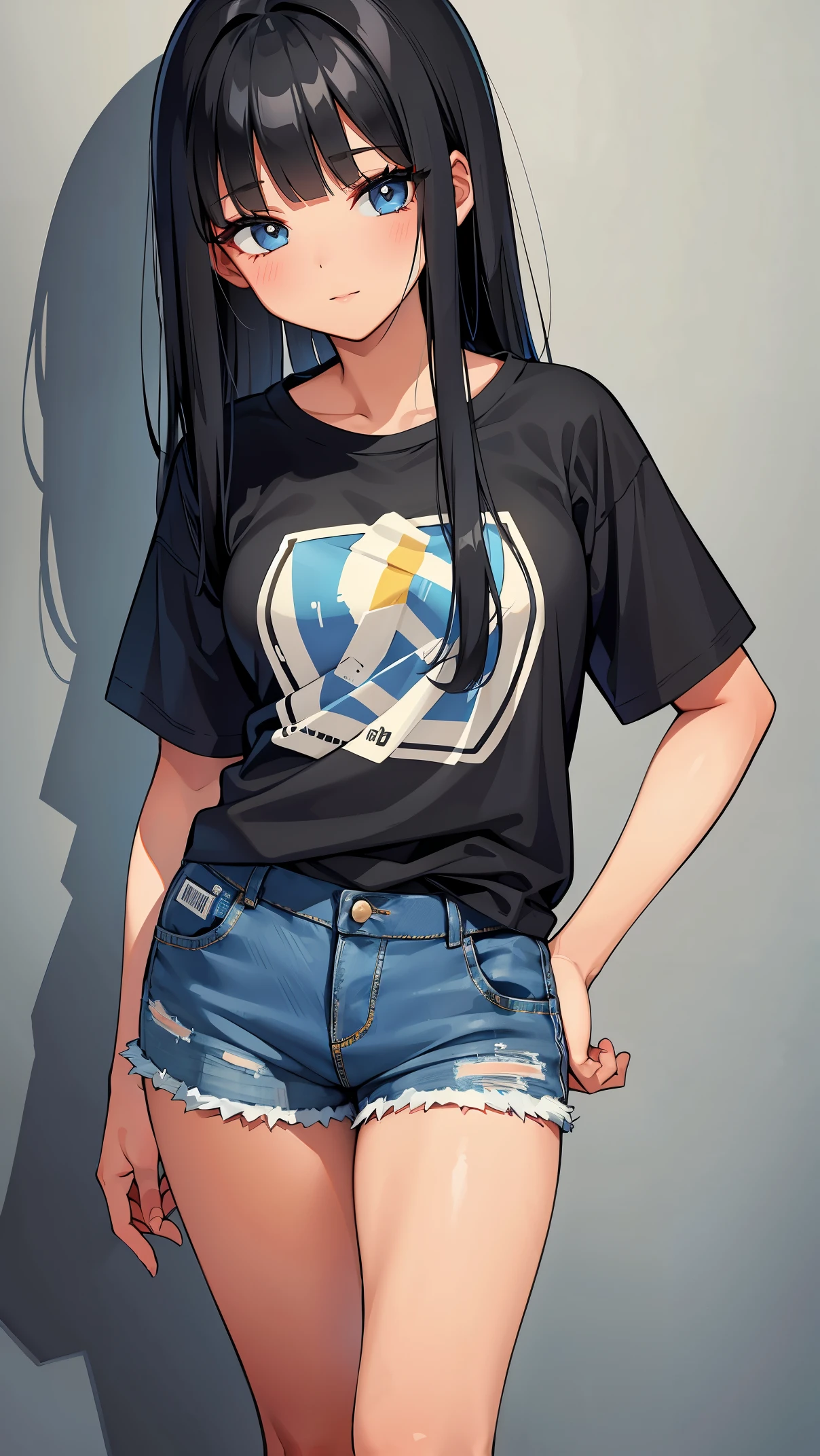 T-shirt, denim shorts, 1 girl, Are standing:1.2, natural makeup, long eyelashes, shiny black hair, asymmetrical bangs, tanned skin, pretty face,