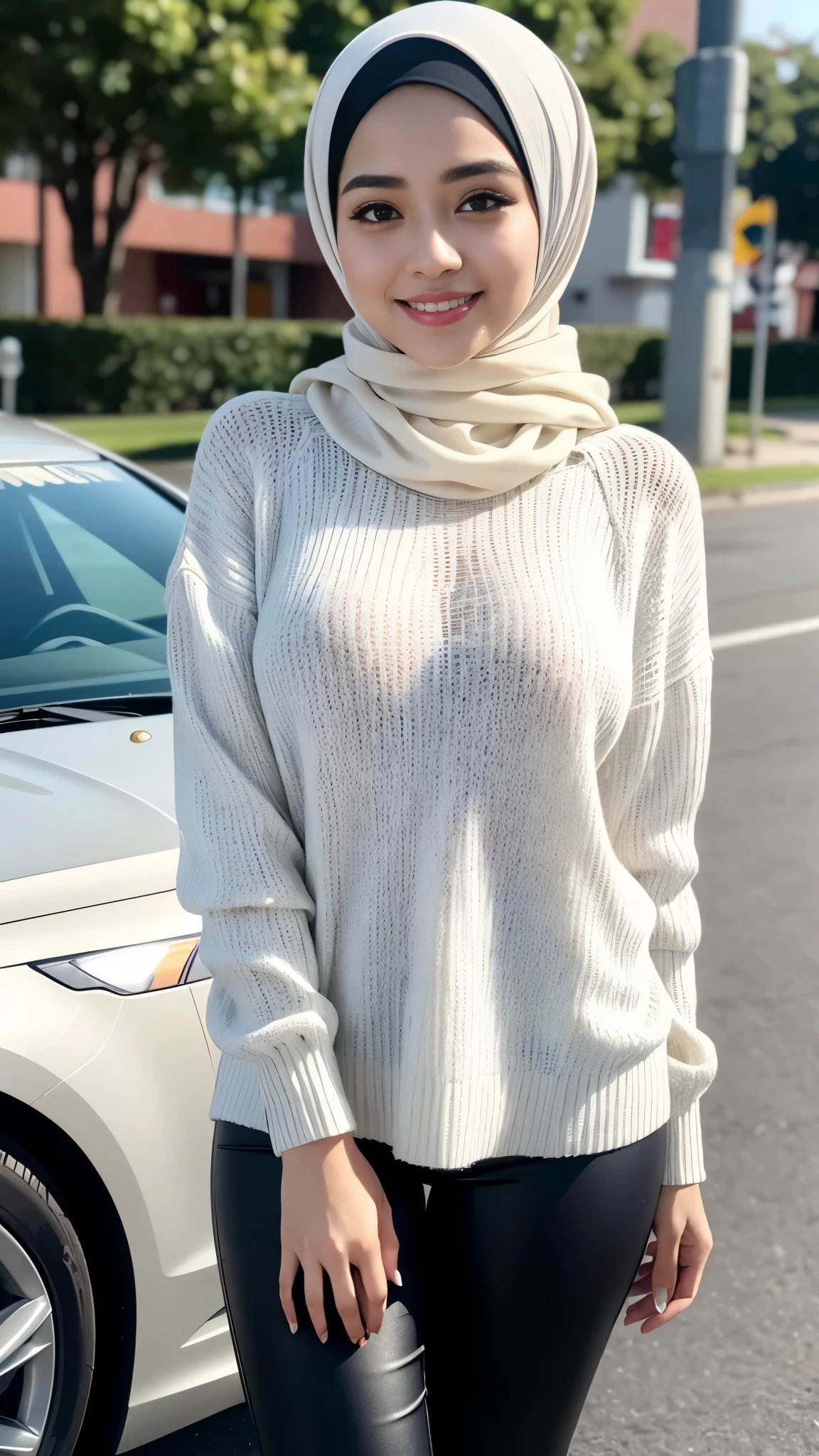 ( Close Up),RAW, Best quality, high resolution, work: 1.3, beautiful Malay woman in hijab, beautiful big eyes, smiling, beautiful face, shiny lips, soft smile, medium portrait, watery eyes, big breasts, woman in a white sweater and black pants standing in front of a car, white hijab, white sweater, wearing casual sweater, wearing a white sweater, with a long white, wearing sweater, beutifull girl, dilraba dilmurat, hijab, malay