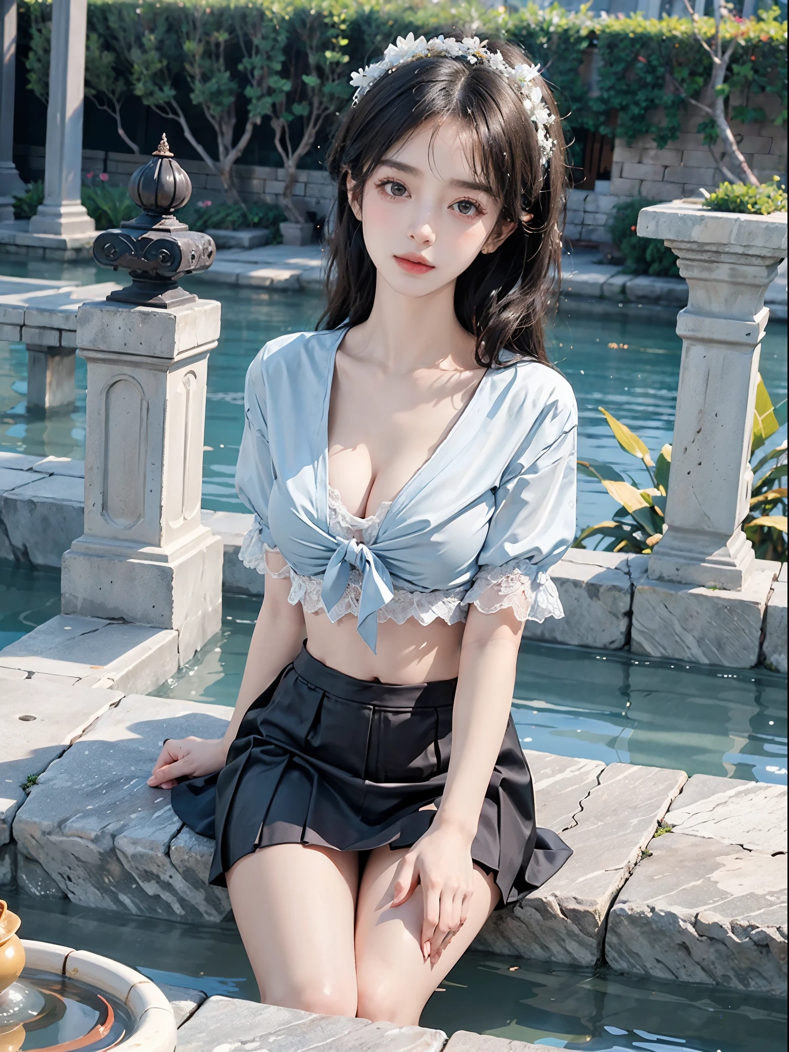 Special clothes44,lace trim,midriff,shirt,miniskirt,, (top-quality、in 8K、masterpiece:1.2)、(photos realistic:1.2)、high resolution、Amazingly fine detail、extra detailed face、Superbly detailed eyes、(Photorealsitic:1.3)、Realistic facial proportions、extremely beautiful lady、cleavage of the breast、hot onsen:1.3、makeups:0.4、(lipgloss、depth of fields、Caustics、Natural Shadow)、(bokeh dof:1.3)、Gaze at the audience with tranquility and goddess-like bliss