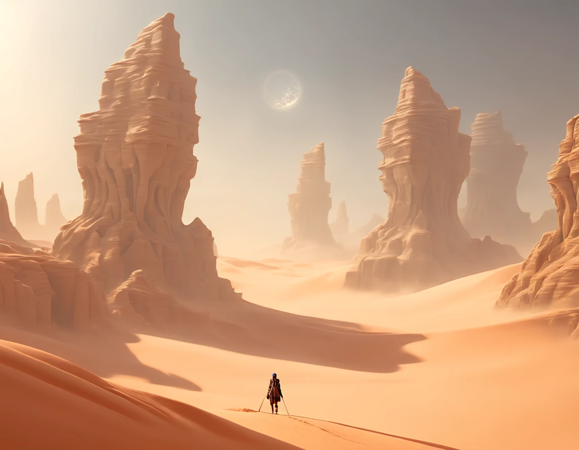 Desert Canyon, sculpture of ancient traveler on Canyon, enhance, intricate, (best quality, masterpiece, Representative work, official art, Professional, unity 8k wallpaper:1.3)