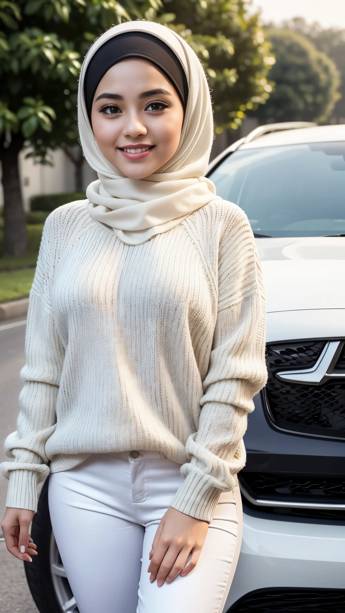 ( Close Up),RAW, Best quality, high resolution, work: 1.3, beautiful Malay woman in hijab, beautiful big eyes, smiling, beautiful face, shiny lips, soft smile, medium portrait, watery eyes, big breasts, woman in a white sweater and black pants standing in front of a car, white hijab, white sweater, wearing casual sweater, wearing a white sweater, with a long white, wearing sweater, beutifull girl, dilraba dilmurat, hijab, malay