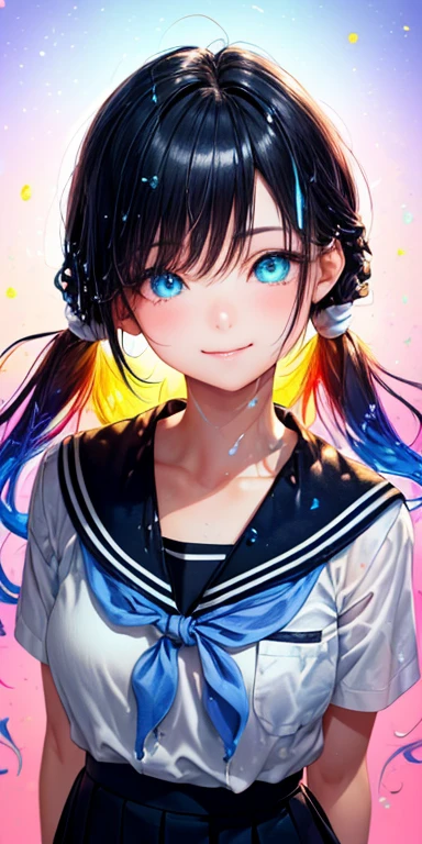 baby face, (colorful fluorescence multicolored  hair:1.5,short twintails:1.5), (masterpiece, sidelights, exquisite beautiful eyes: 1.5), masterpiece*portrait, realistic, {(Colorful splash background of different colors:1.5)},colorful,3D face,(cute face),front view: 1.6、 (glowing blue eyes),plump face:1.5,(tareme:1.5)、(evil smile:1.2),Rosy Mouth,Slim Body, shiny hair, shiny skin: 1.5、medium breasts,、solo,(stand)、(high school girl,school uniform)、(charactor focus:1.5、portlate:1.5、eye focus:1.5,upper body),(gradient eyes:1.5)