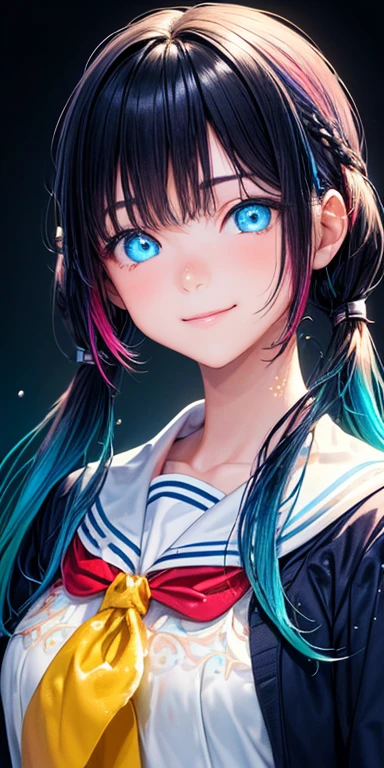 baby face, (colorful fluorescence multicolored hair:1.5,short twintails:1.5), (masterpiece, sidelights, exquisite beautiful eyes: 1.5), masterpiece*portrait, realistic, {(Colorful splash background of different colors:1.5)},colorful,3D face,(cute face),front view: 1.6、 (glowing blue eyes),plump face:1.5,(tareme:1.5)、(evil smile:1.2),Rosy Mouth,Slim Body, shiny hair, shiny skin: 1.5、medium breasts,、solo,(stand)、(high school girl,school uniform)、(charactor focus:1.5、portlate:1.5、eye focus:1.5,upper body),(gradient eyes:1.5)