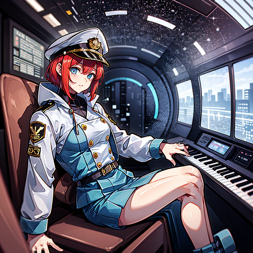 (((masterpiece、Highest image quality、highest quality、highly detailed unity 8kwallpaper)))、(Illustration of one woman、Beauty、30 years old)、(Viceroy)、((Red-haired shorthair、sidelocks、blue eyes))、((tall、stocky build, thickset physique, muscular legs, broad shoulders, solid chest))、((Military uniforms、Military Cap、Military coat))、(white clothes、White pants、white hat)、trench coat、(((manspreading、Sitting in the captain's seat)))、(((Inside a futuristic spaceship、Surrounded by instruments and monitors、The Universe on the Monitor、Earth seen from space)))