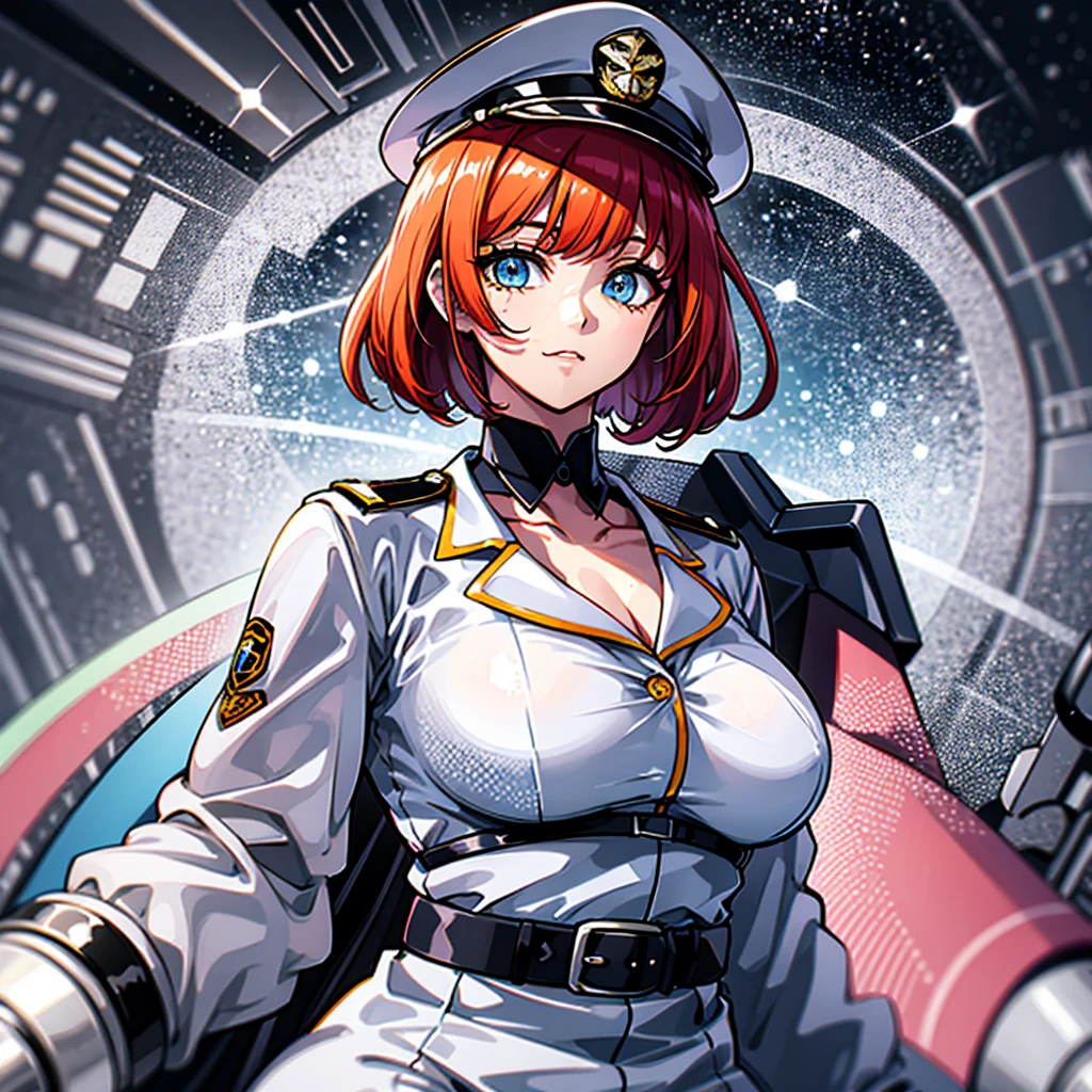 (((masterpiece、Highest image quality、highest quality、highly detailed unity 8kwallpaper)))、(Illustration of one woman、Beauty、30 years old)、(Viceroy)、((Red-haired shorthair、sidelocks、blue eyes))、((tall、stocky build, thickset physique, muscular legs, broad shoulders, solid chest))、((Military uniforms、Military Cap、Military coat))、(white clothes、White pants、white hat)、trench coat、(((manspreading、Sitting in the captain's seat)))、(((Inside a futuristic spaceship、Surrounded by instruments and monitors、The Universe on the Monitor、Earth seen from space)))
