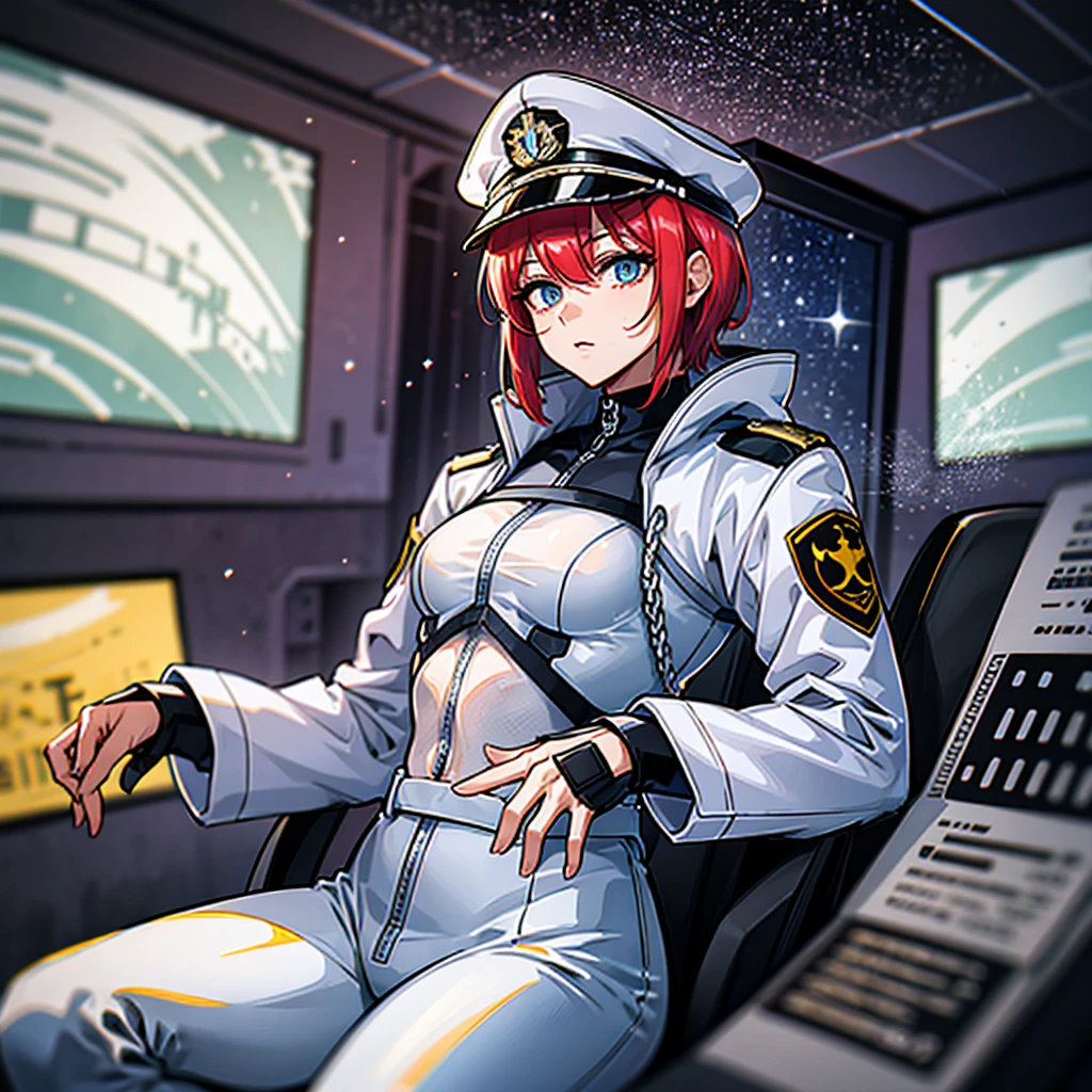 (((masterpiece、Highest image quality、highest quality、highly detailed unity 8kwallpaper)))、(Illustration of one woman、Beauty、30 years old)、(Viceroy)、((Red-haired shorthair、sidelocks、blue eyes))、((tall、stocky build, thickset physique, muscular legs, broad shoulders, solid chest))、((Military uniforms、Military Cap、Military coat))、(white clothes、White pants、white hat)、trench coat、(((manspreading、Sitting in the captain's seat)))、(((Inside a futuristic spaceship、Surrounded by instruments and monitors、The Universe on the Monitor、Earth seen from space)))