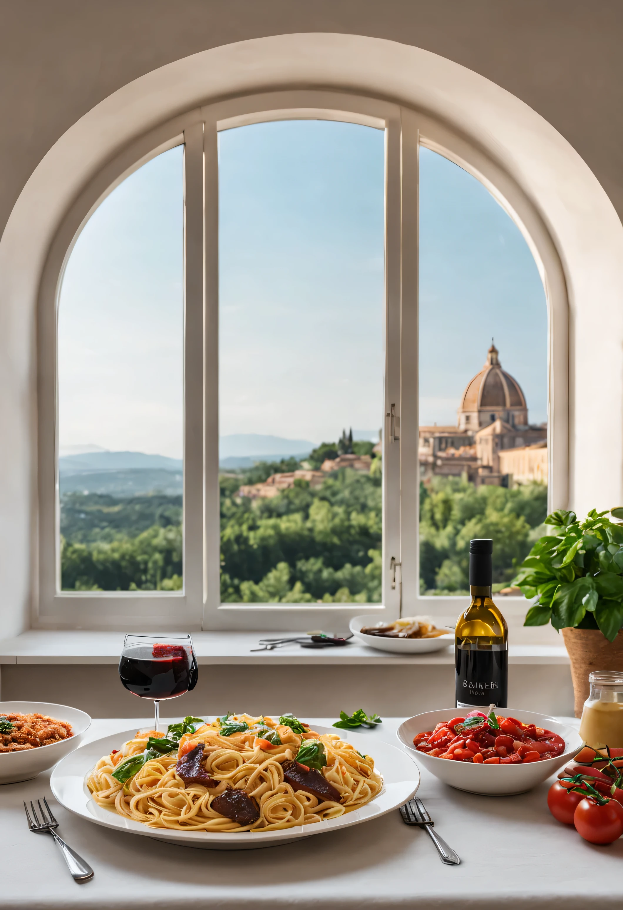Warm colors，light white background，Front view desktop，Tablecloth droops 20CM，rice tablecloth，Steaks on the table、pasta、salad、Condiment bottles，knife and fork、Thyme、Basil powder，wine、黑胡椒Condiment bottles等食物，牛排和pasta上有香料粉，The black pepper bottle is in the middle of the picture，Off-white wall behind the desk，White arched frameless window，There are white curtains on one side of the window，Inside the window is the architectural landscape of Sienna，sunlight through window，The desktop has mottled light and shadow，There is sky，4K HD，food real，high resolution