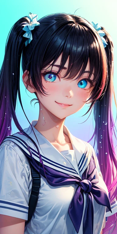 , (colorful fluorescence multicolored hair:1.5,short twintails:1.5), (masterpiece, sidelights, exquisite beautiful eyes: 1.5), masterpieceportrait, realistic, {(Colorful splash background of different colors:1.5)},colorful,3D face,(cute face),front view: 1.6、 (glowing blue eyes),plump face:1.5,(tareme:1.5)、(evil smile:1.2),Rosy Mouth,Slim Body, shiny hair, shiny skin: 1.5、medium breasts,、solo,(stand)、(high school girl,school uniform)、(charactor focus:1.5、portlate:1.5、eye focus:1.5,upper body),(gradient eyes:1.5)
