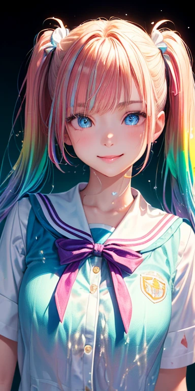 baby face, (colorful fluorescence multicolored  hair:1.5,short twintails:1.5), (masterpiece, sidelights, exquisite beautiful eyes: 1.5), masterpiece*portrait, realistic, {(Colorful splash background of different colors:1.5)},colorful,3D face,(cute face),front view: 1.6、 (glowing blue eyes),plump face:1.5,(tareme:1.5)、(evil smile:1.2),Rosy Mouth,Slim Body, shiny hair, shiny skin: 1.5、medium breasts,、solo,(stand)、(high school girl,school uniform)、(charactor focus:1.5、portlate:1.5、eye focus:1.5,upper body),(gradient eyes:1.5)
