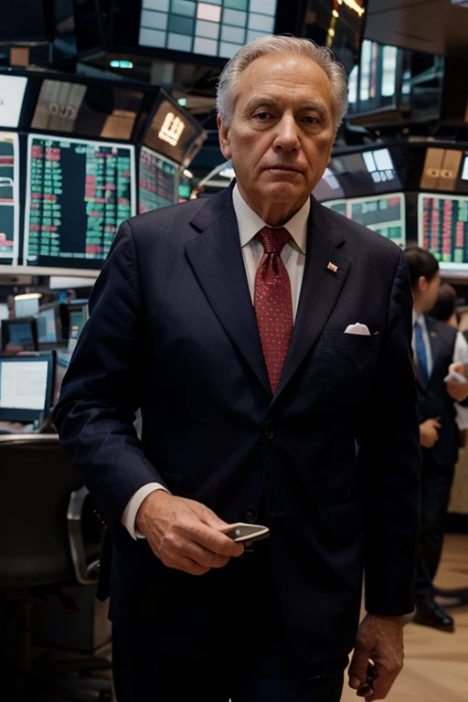 Old man in a suit on a background of stock exchange fluctuations.