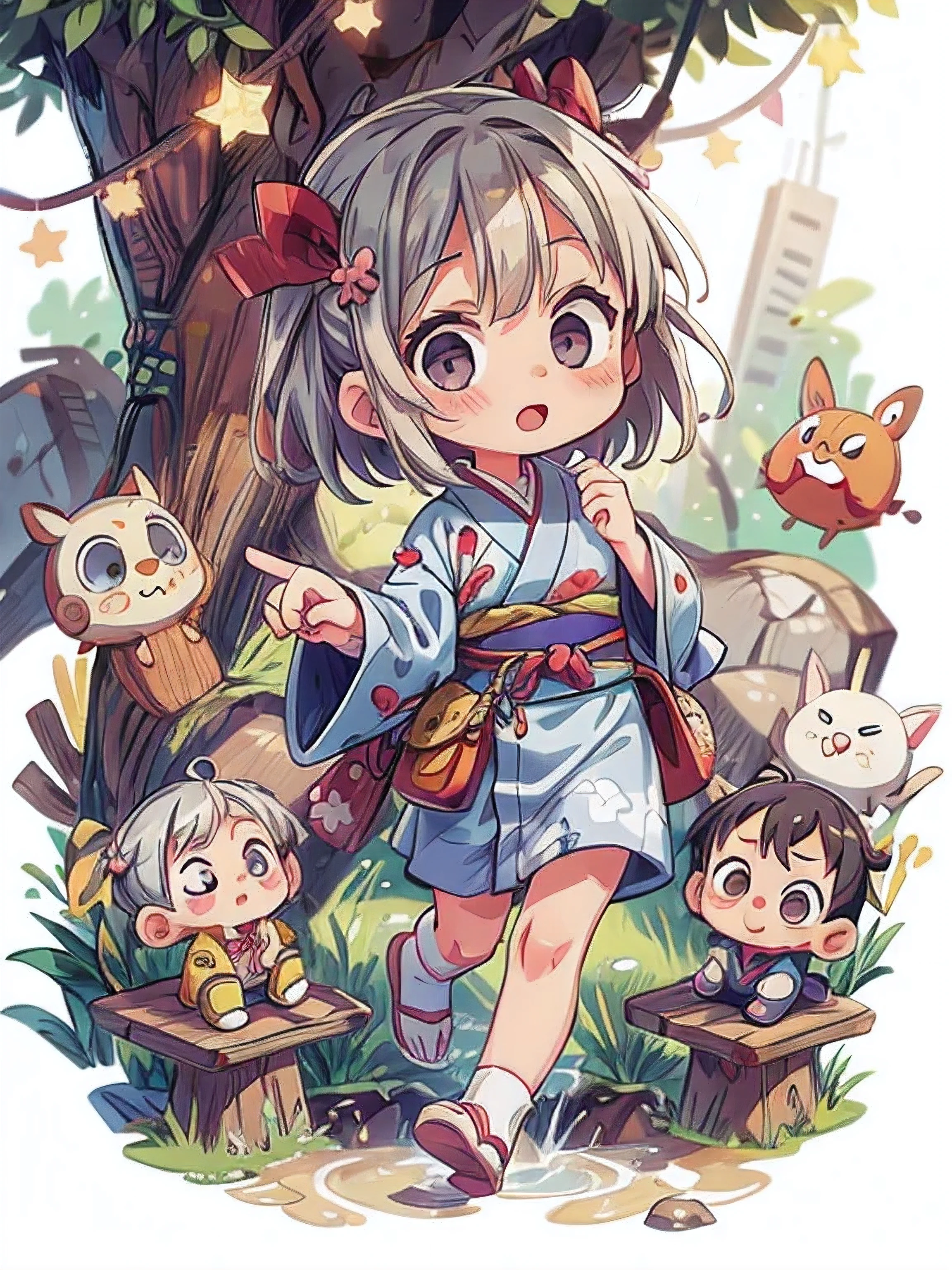 Cute baby chibi anime, grey kimono