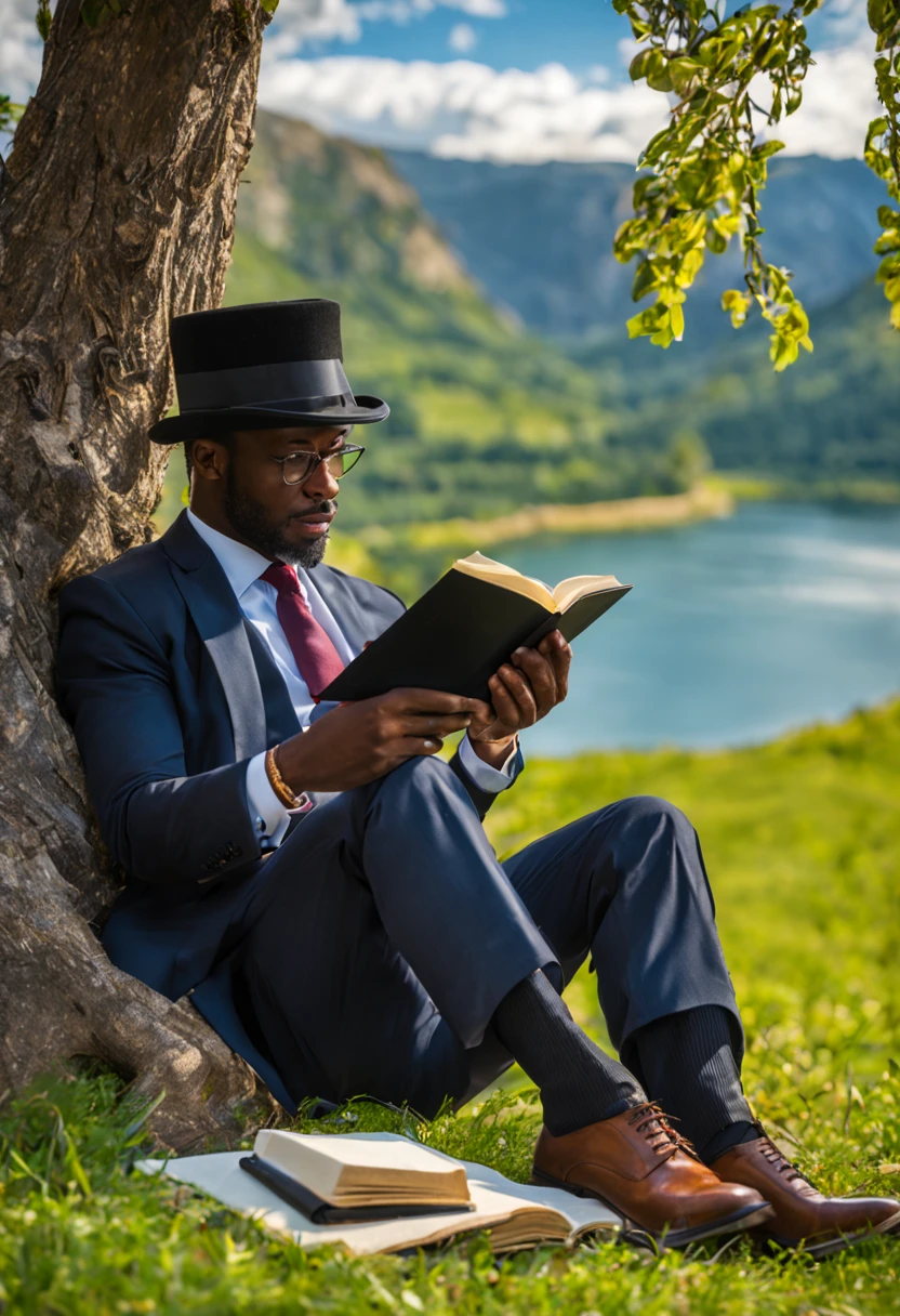 Top hat black man in suit and tie reading book sitting on the grass at the foot of an apple tree mountains in the background